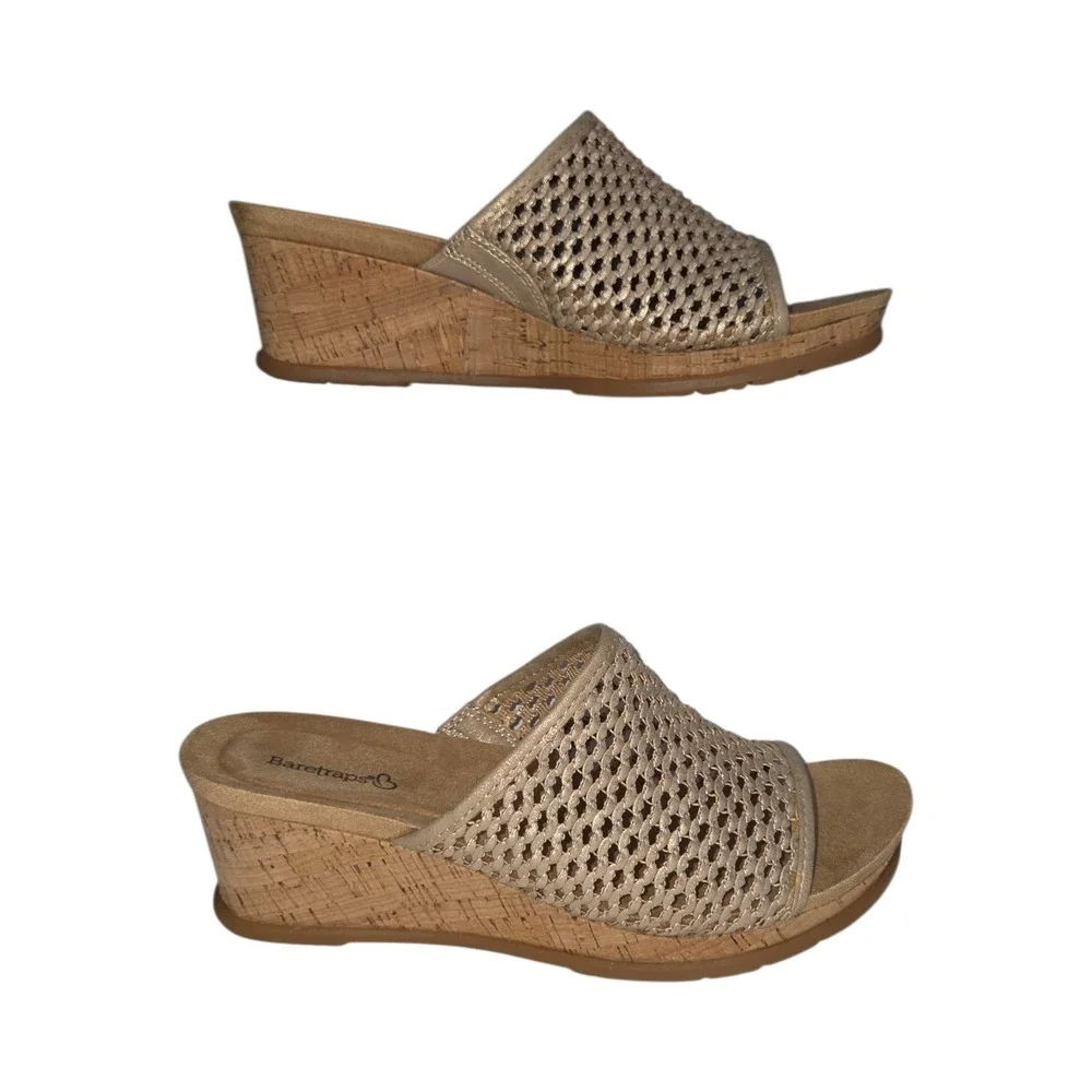 Baretraps Flossey Soft Gold Woven Wedge Sandals Womens 7.5 W Wide BT26520